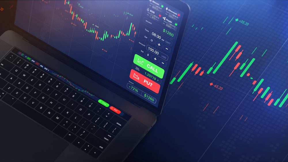 FuturisticStockExchangeSceneWithLaptopChartNumbersAndCall